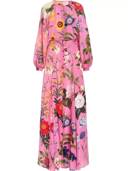 Belted Button-Front Floral-Print Pink Long-Sleeve Maxi Dress - Dresses