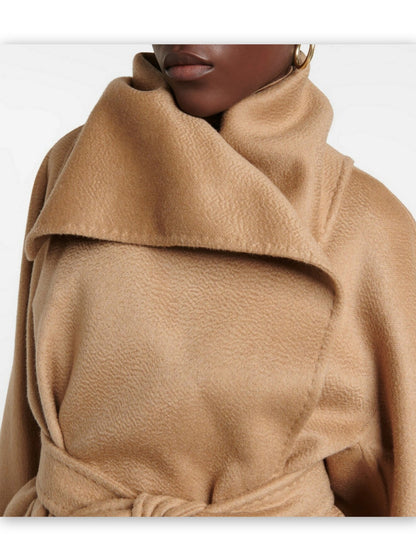 Belted Cashmere and Wool Wrap Coat in Camel Branna Couture