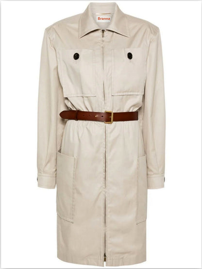 Belted Cotton Safari Dress in Beige - Branna Couture