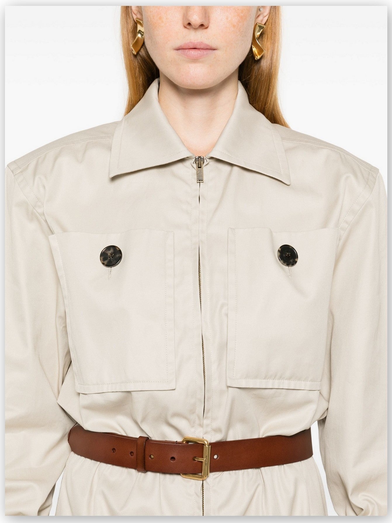 Belted Cotton Safari Dress in Beige - Branna Couture