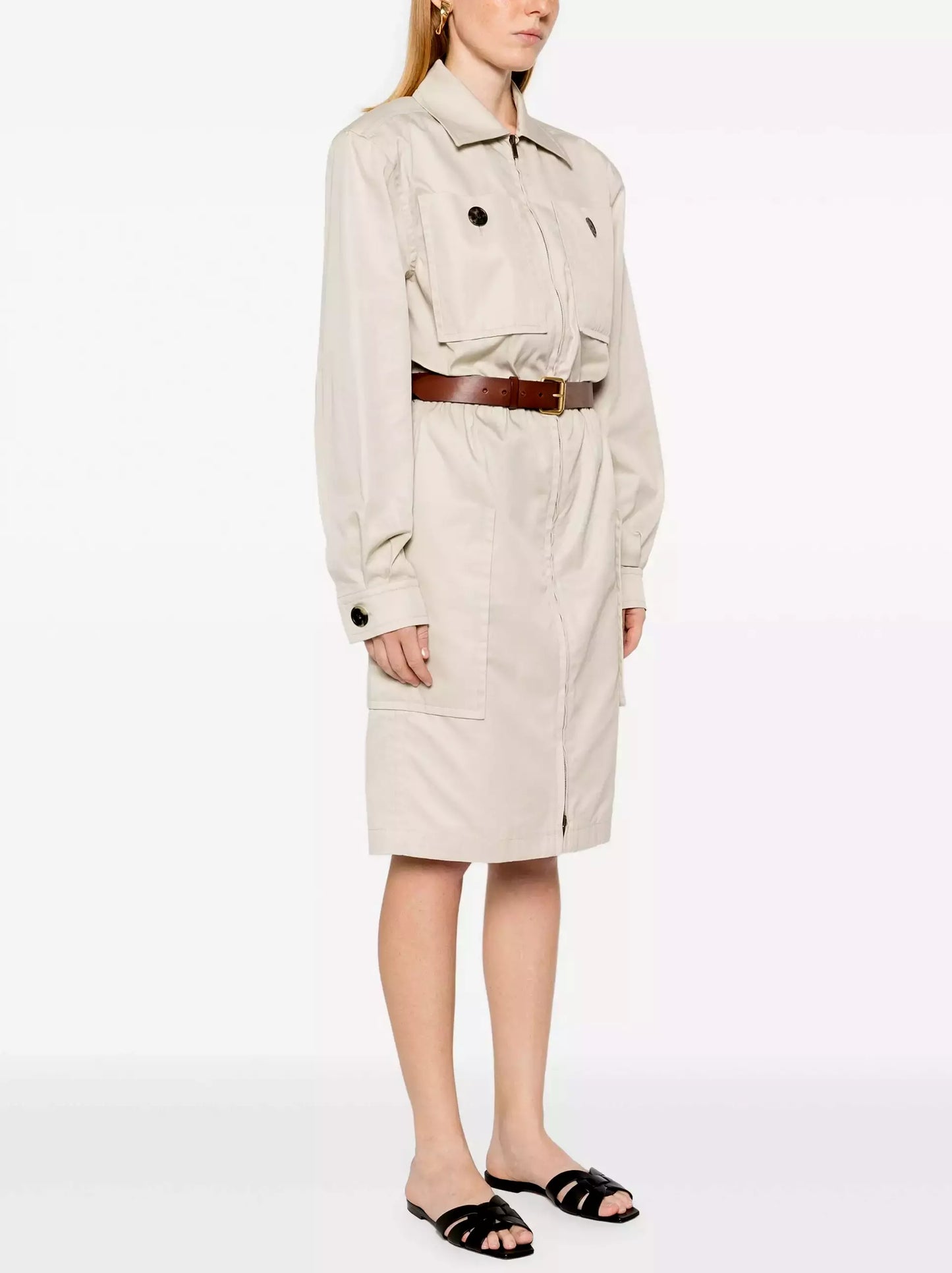 Belted Cotton Safari Dress in Beige - Branna Couture