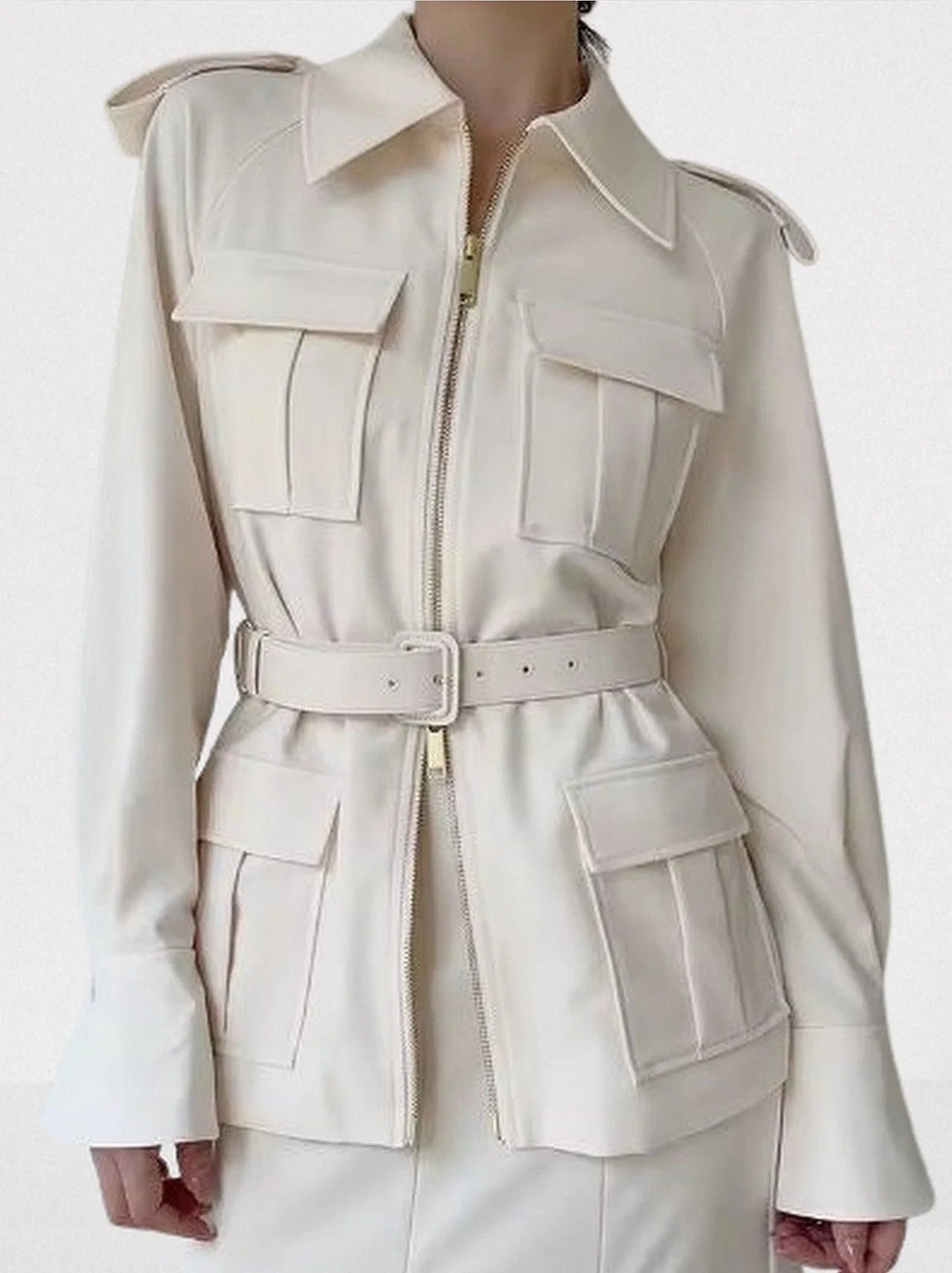 Belted Cream Jacket with Multi Flap Pockets - Jackets