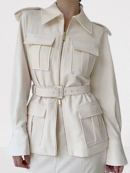 Belted Cream Jacket with Multi Flap Pockets - Jackets
