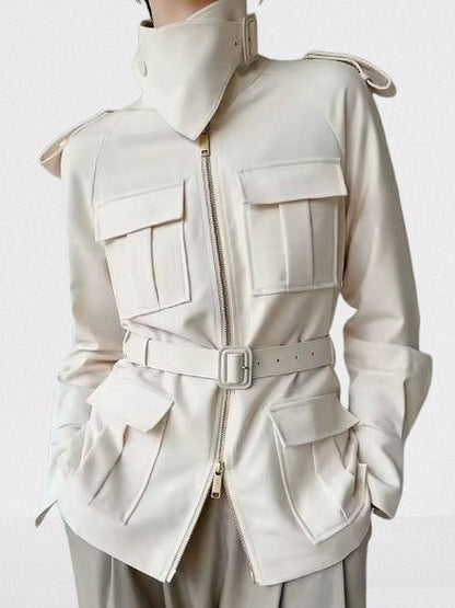 Belted Cream Jacket with Multi Flap Pockets - Jackets
