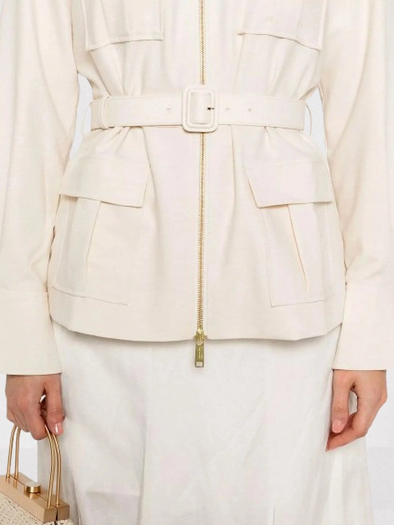 Belted Cream Jacket with Multi Flap Pockets - Jackets