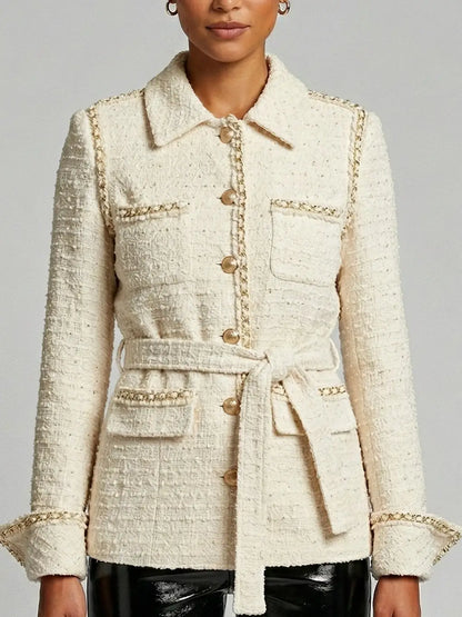 Belted Cream Tweed Jacket with Gold Chain Trim - Jackets