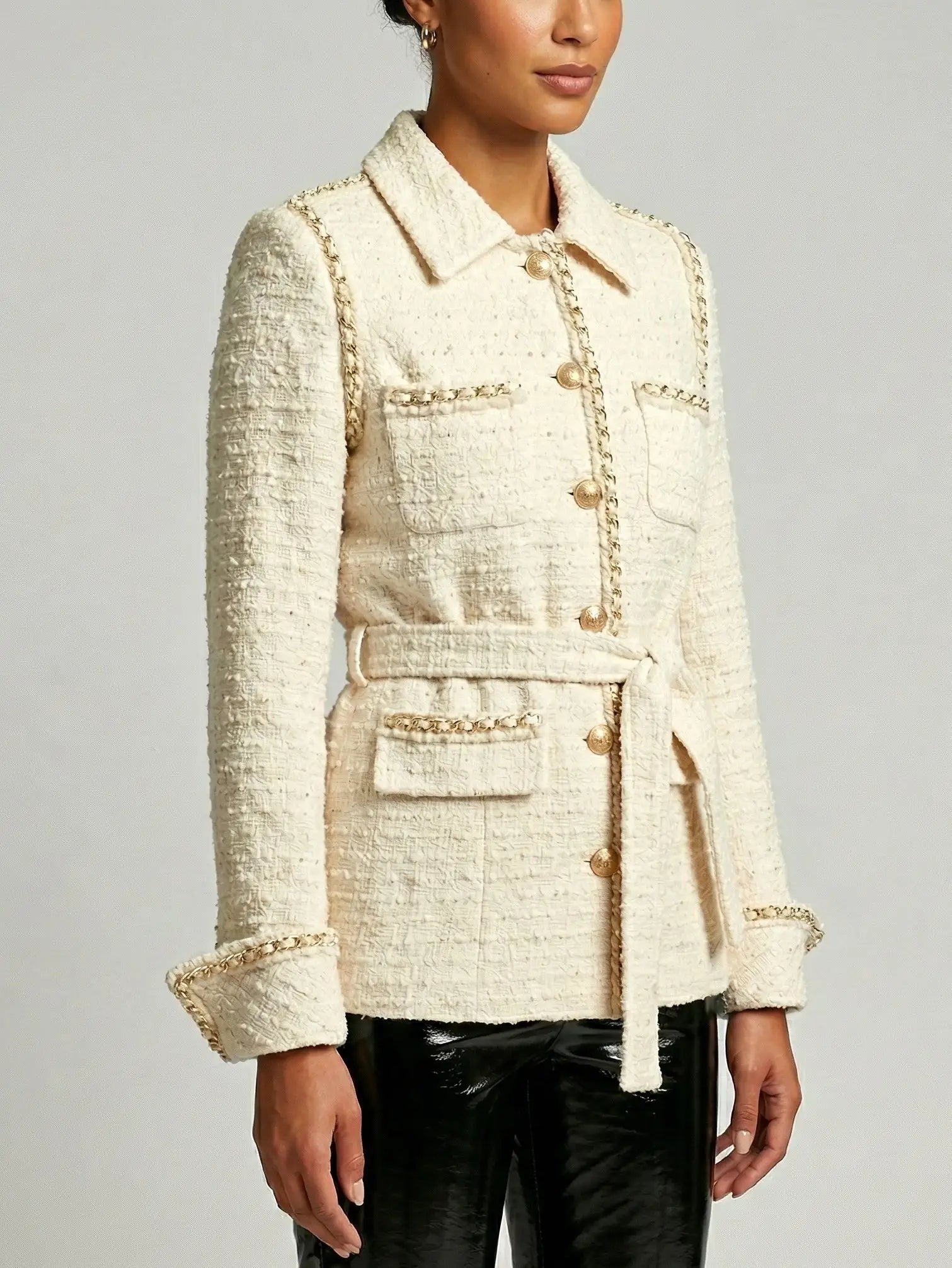 Belted Cream Tweed Jacket with Gold Chain Trim - Jackets