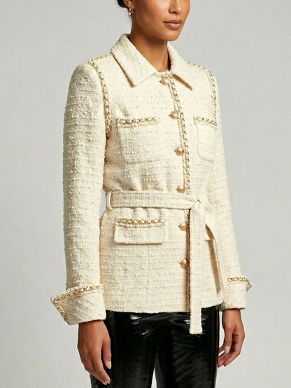 Belted Cream Tweed Jacket with Gold Chain Trim - Jackets
