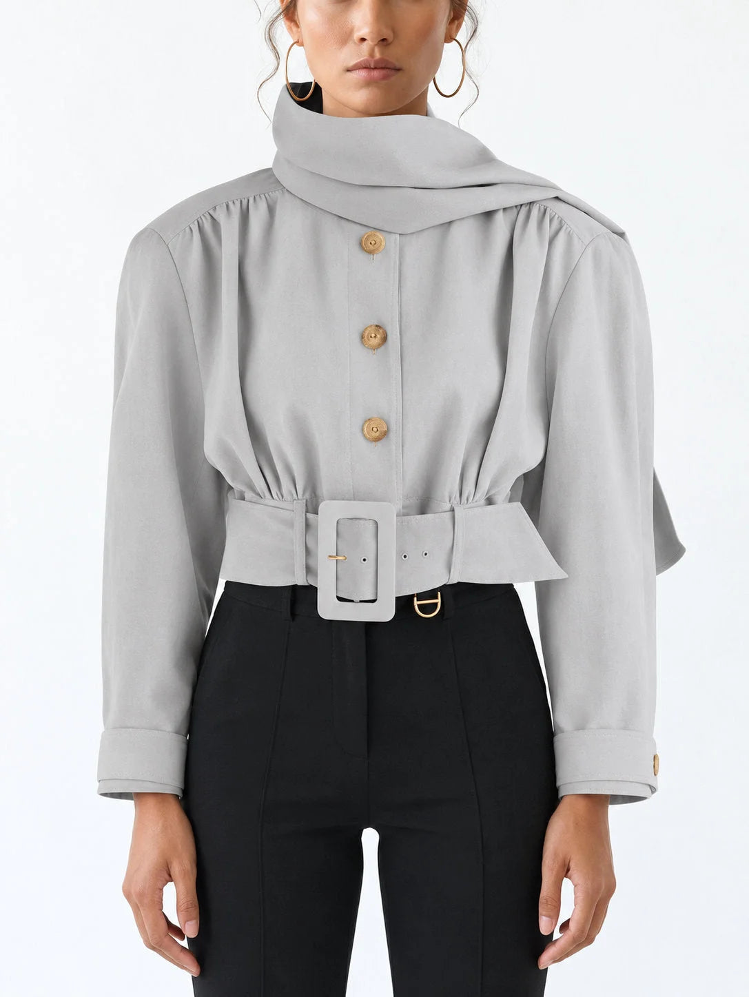 Belted Cropped Scarf Jacket in Light Grey - Jackets
