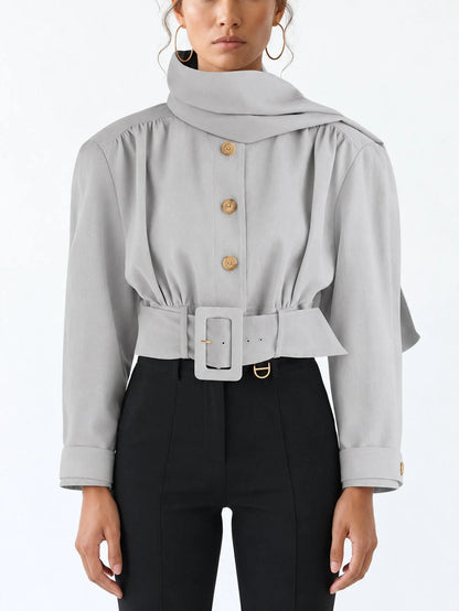 Belted Cropped Scarf Jacket in Light Grey - Jackets