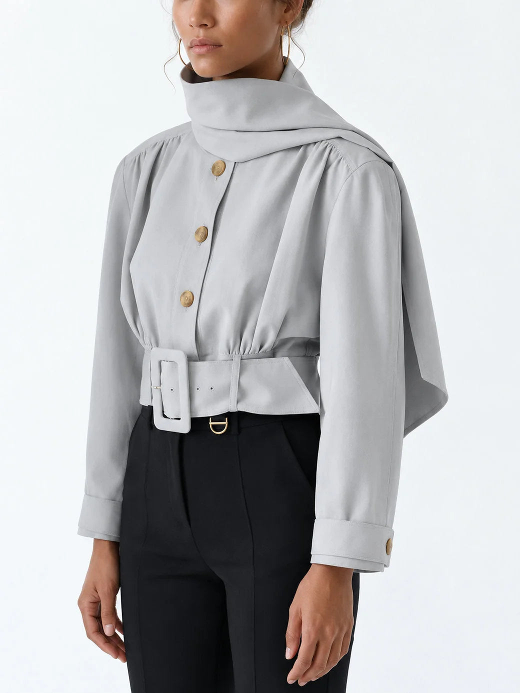 Belted Cropped Scarf Jacket in Light Grey - Jackets