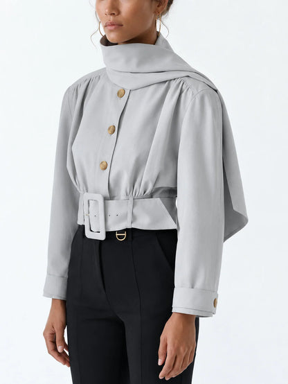 Belted Cropped Scarf Jacket in Light Grey - Jackets