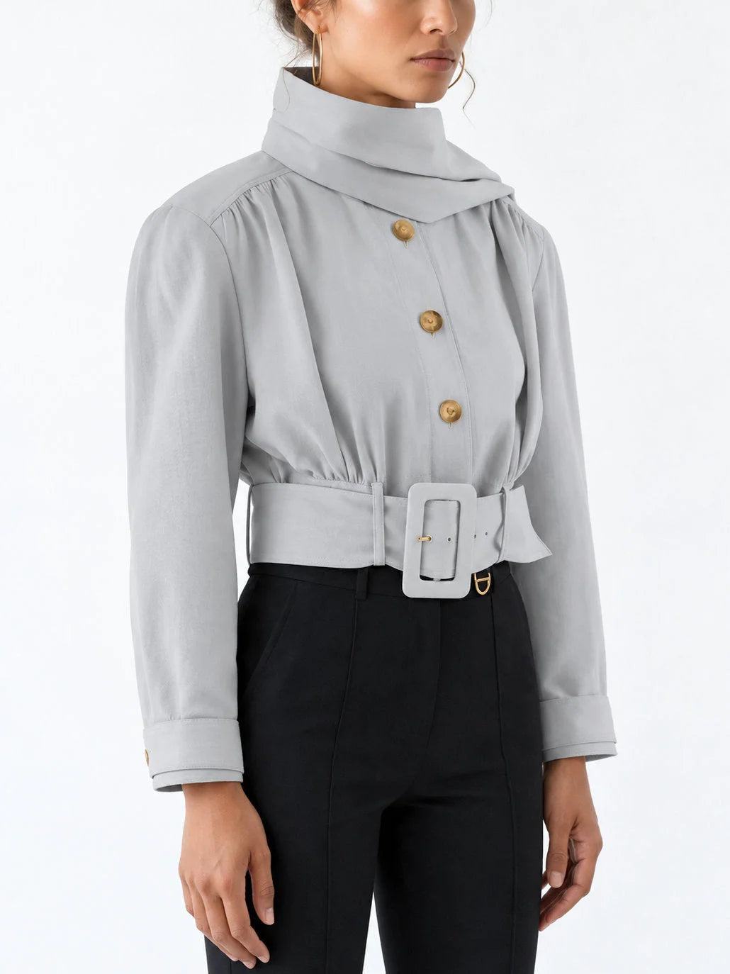 Belted Cropped Scarf Jacket in Light Grey - Jackets