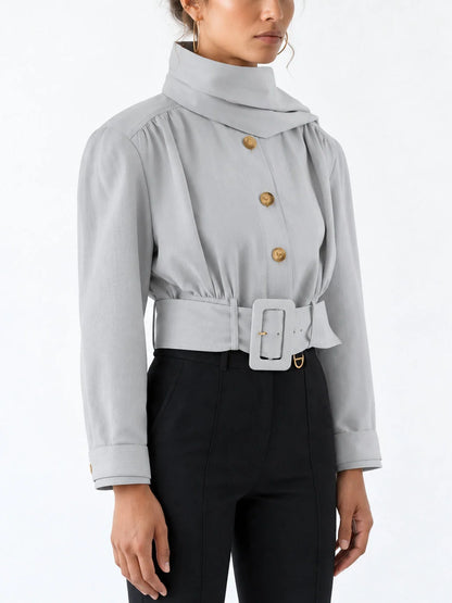 Belted Cropped Scarf Jacket in Light Grey - Jackets