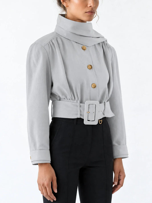 Belted Cropped Scarf Jacket in Light Grey - Jackets