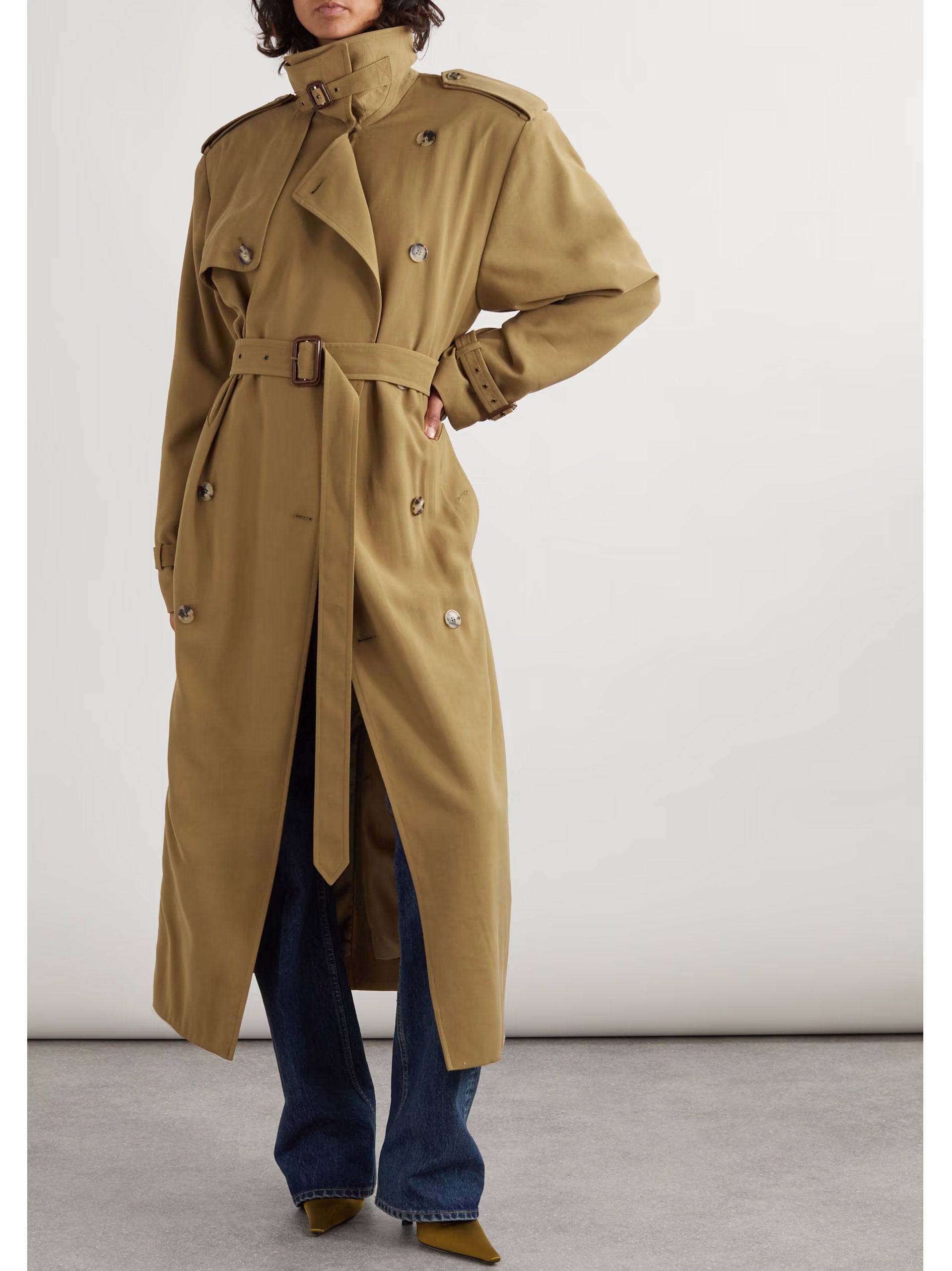 Belted Double-Breasted Long Twill Trench Coat Branna Couture