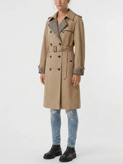 Belted Double-Breasted Trench Coat with Check Trim - Coats
