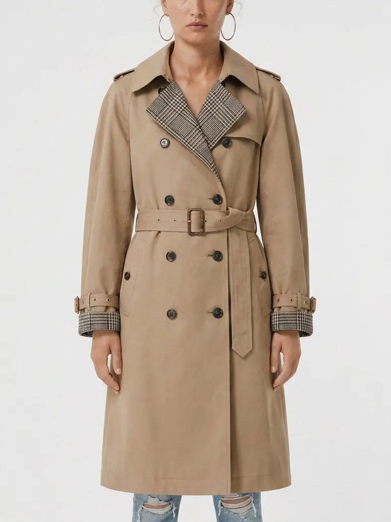 Belted Double-Breasted Trench Coat with Check Trim - Coats