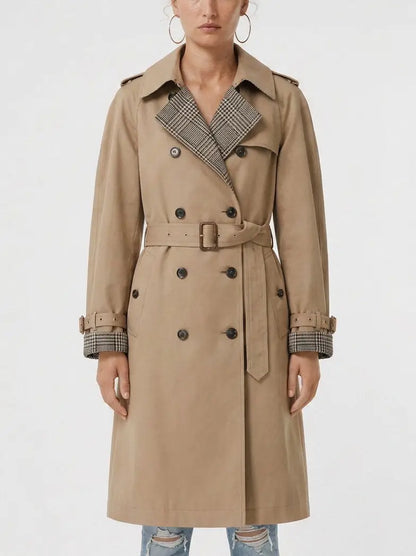 Belted Double-Breasted Trench Coat with Check Trim - Coats