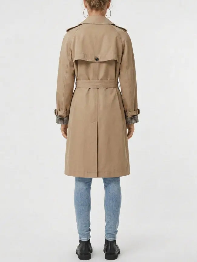 Belted Double-Breasted Trench Coat with Check Trim - Coats