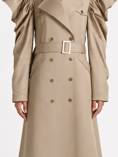 Belted Double-Breasted Trench Coat with Draped Sleeves - Coats