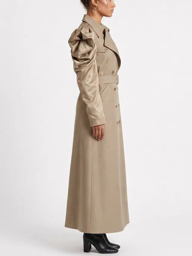 Belted Double-Breasted Trench Coat with Draped Sleeves - Coats