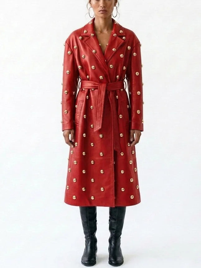 Belted Embellished Leather Long Trench Coat - S / Red - Coats
