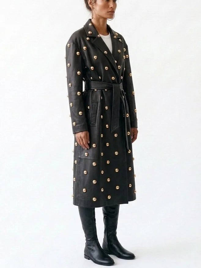 Belted Embellished Leather Long Trench Coat - Coats
