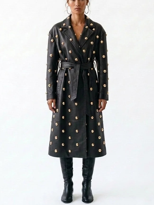 Belted Embellished Leather Long Trench Coat - Coats