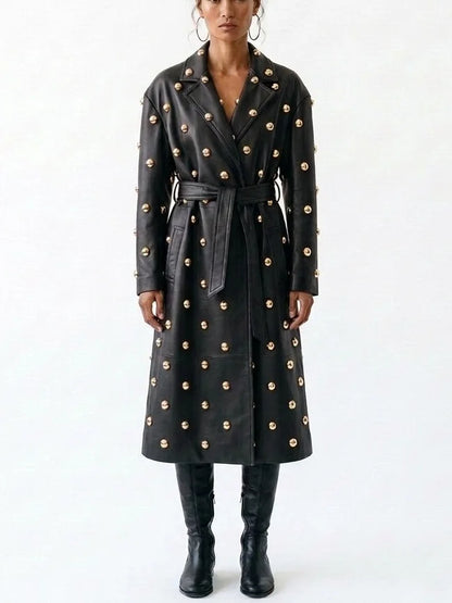 Belted Embellished Leather Long Trench Coat - Coats