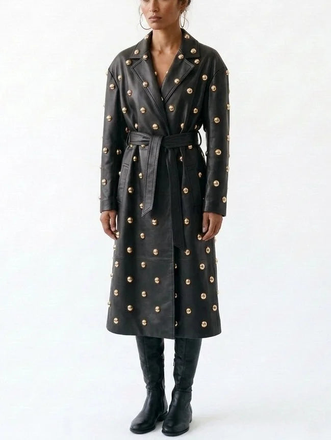 Belted Embellished Leather Long Trench Coat - Coats