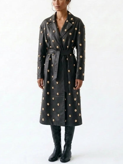 Belted Embellished Leather Long Trench Coat - Coats