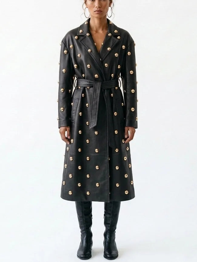 Belted Embellished Leather Long Trench Coat - S / Black - Coats