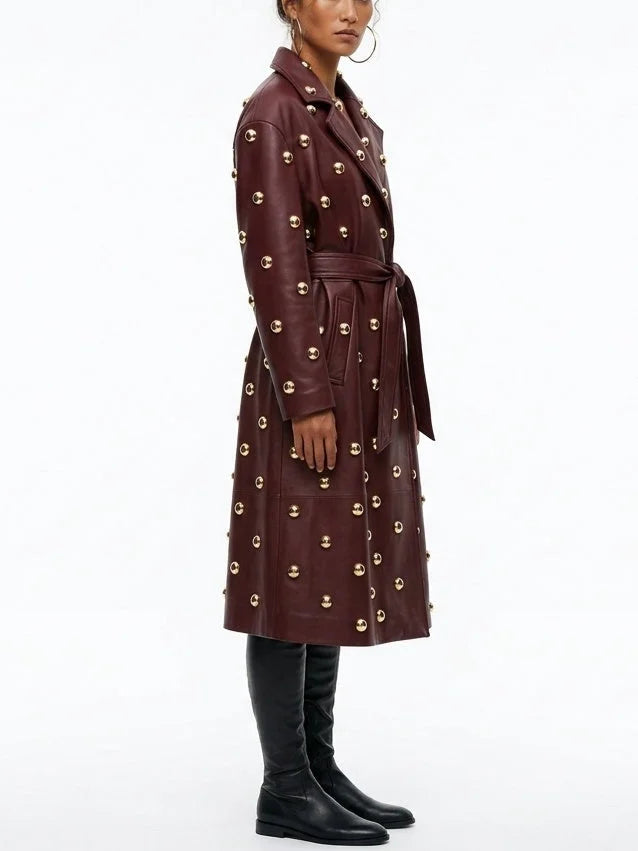 Belted Embellished Leather Long Trench Coat - Coats