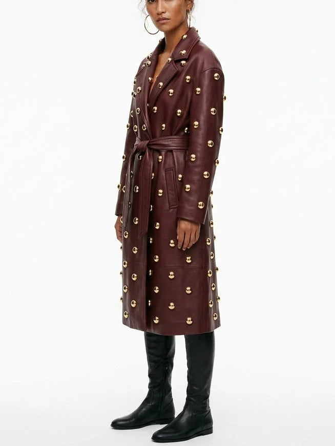 Belted Embellished Leather Long Trench Coat - Coats