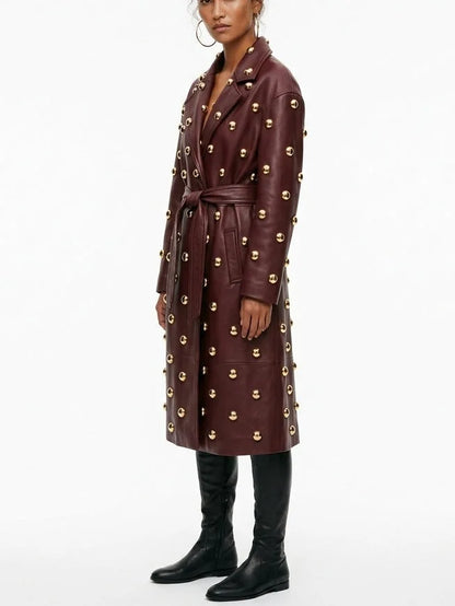 Belted Embellished Leather Long Trench Coat - Coats