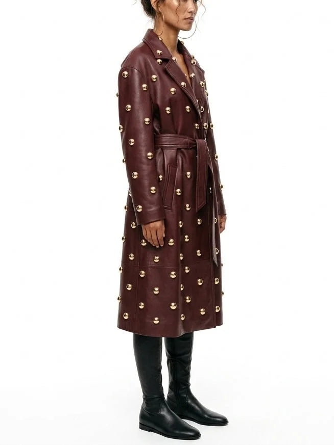 Belted Embellished Leather Long Trench Coat - Coats