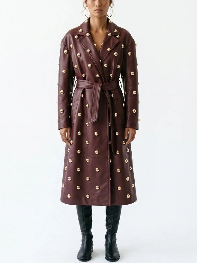 Belted Embellished Leather Long Trench Coat - Coats
