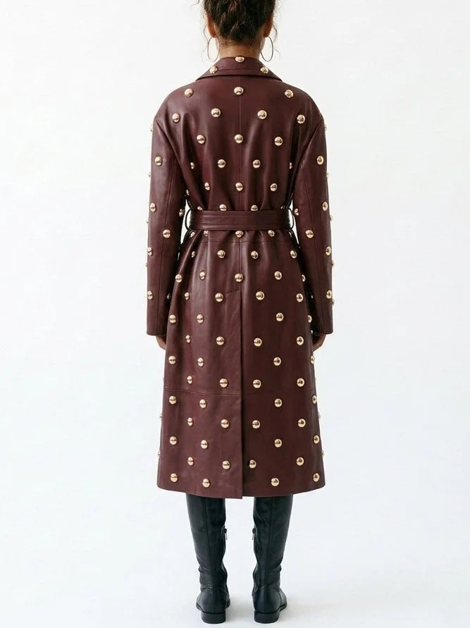 Belted Embellished Leather Long Trench Coat - Coats
