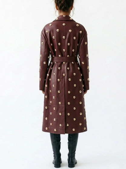 Belted Embellished Leather Long Trench Coat - Coats