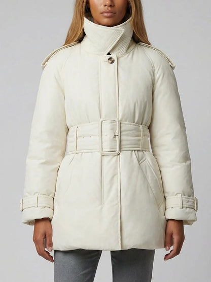 Belted Feather Down Puffer Jacket - Small / White - Jackets