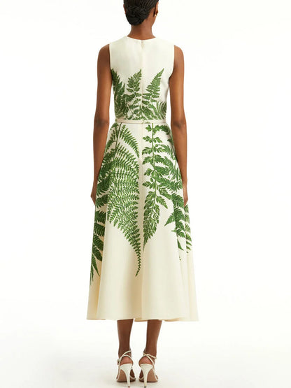 Belted Fern Print A-Line Midi Dress - Dresses