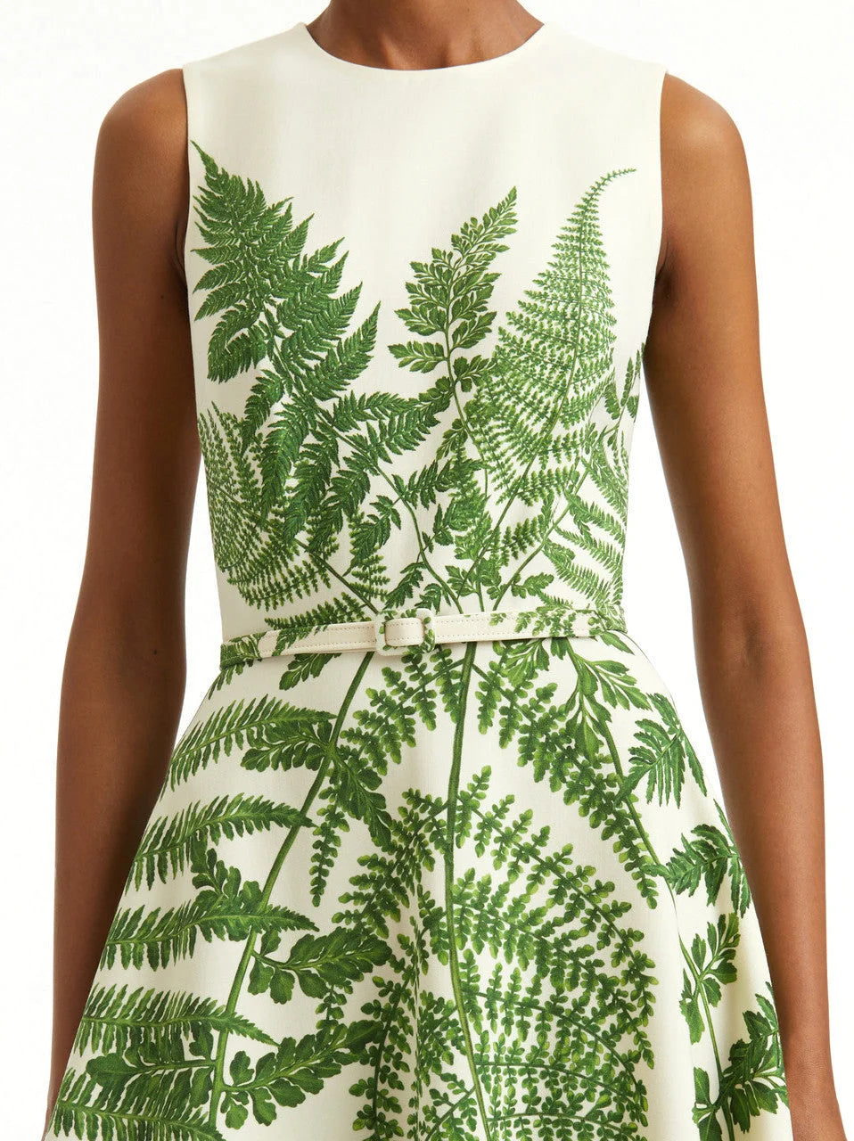 Belted Fern Print A-Line Midi Dress - Dresses