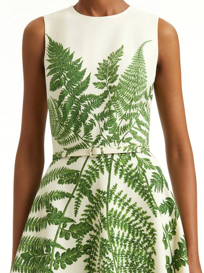 Belted Fern Print A-Line Midi Dress - Dresses