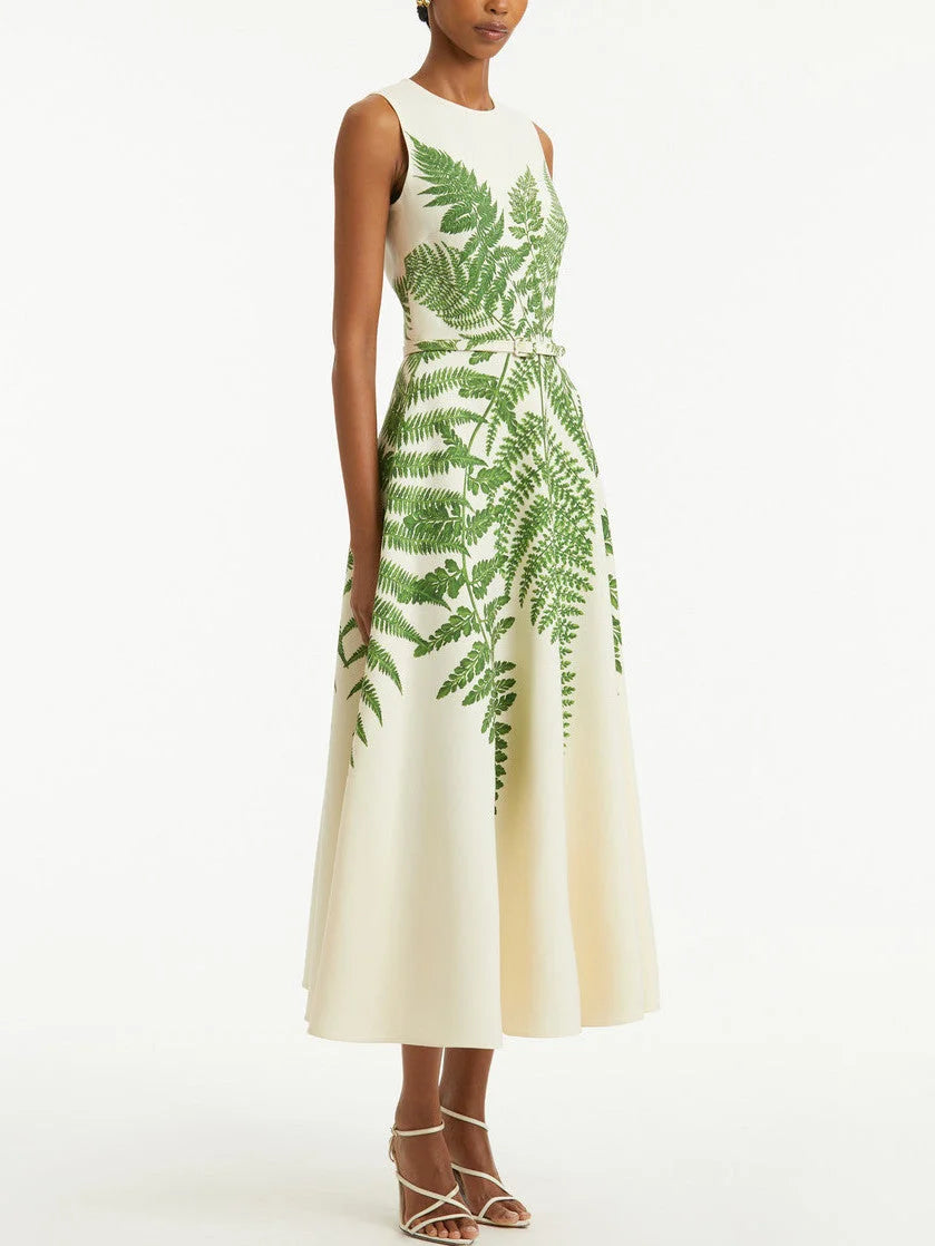 Belted Fern Print A-Line Midi Dress - Dresses
