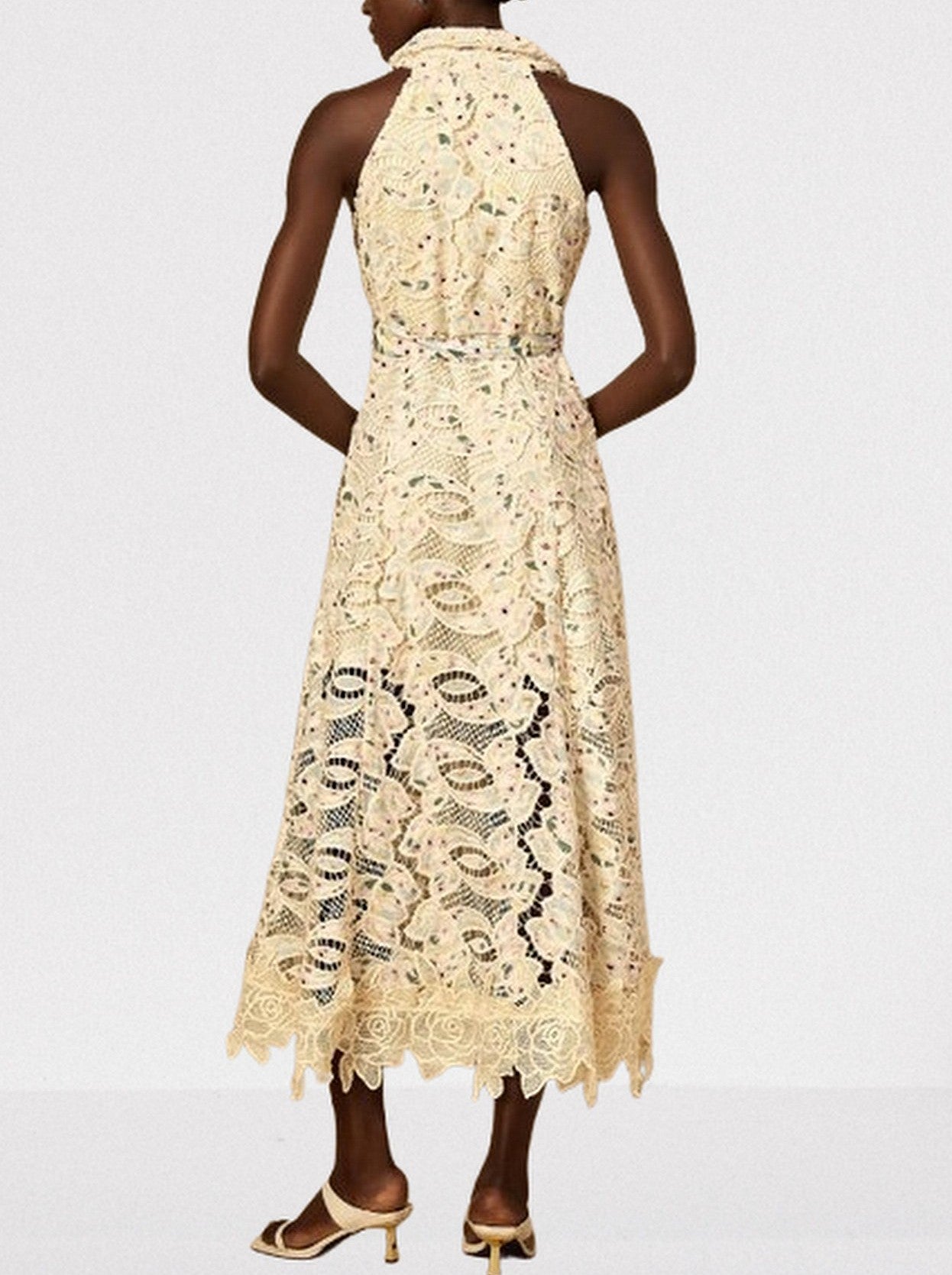Belted Floral-Embroidered Cut-Out Midi Dress - Dresses