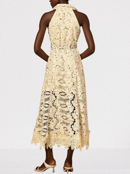 Belted Floral-Embroidered Cut-Out Midi Dress - Dresses