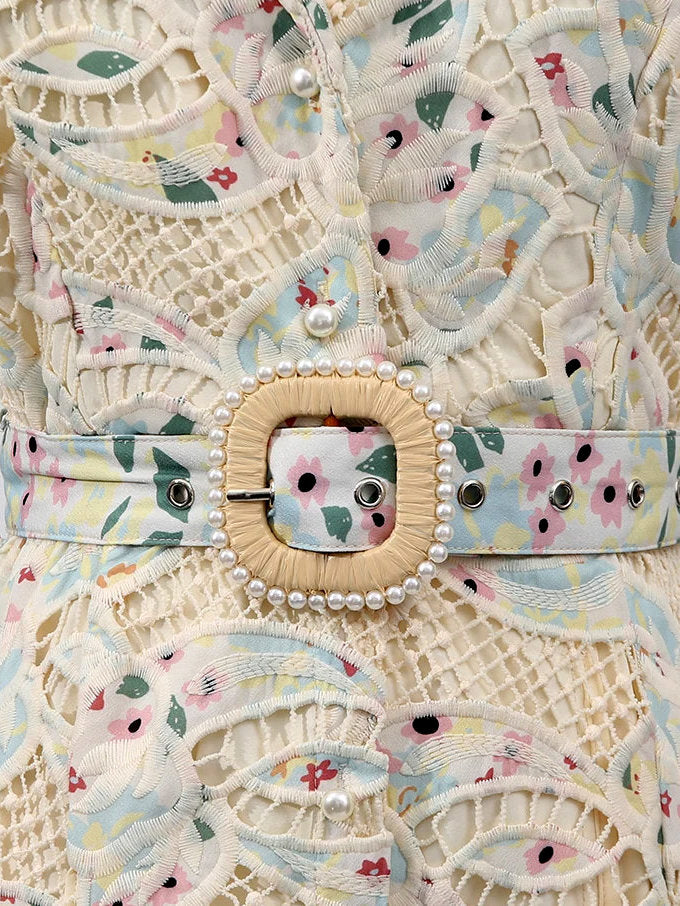 Belted Floral-Embroidered Cut-Out Midi Dress - Dresses
