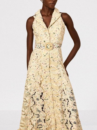 Belted Floral-Embroidered Cut-Out Midi Dress - Dresses
