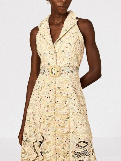 Belted Floral-Embroidered Cut-Out Midi Dress - Dresses